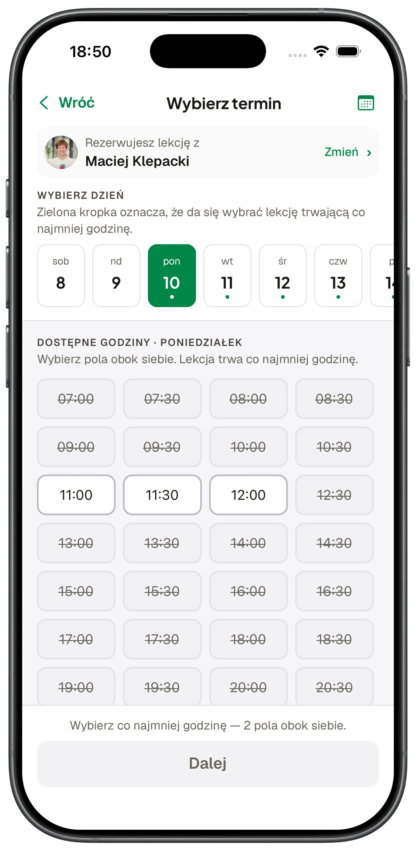 Wybór terminu lekcji w aplikacji Korki na iPhonie